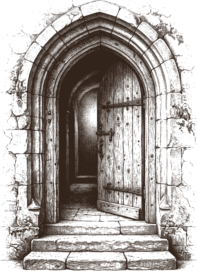 Engraving of an arched door standing open, light on the steps